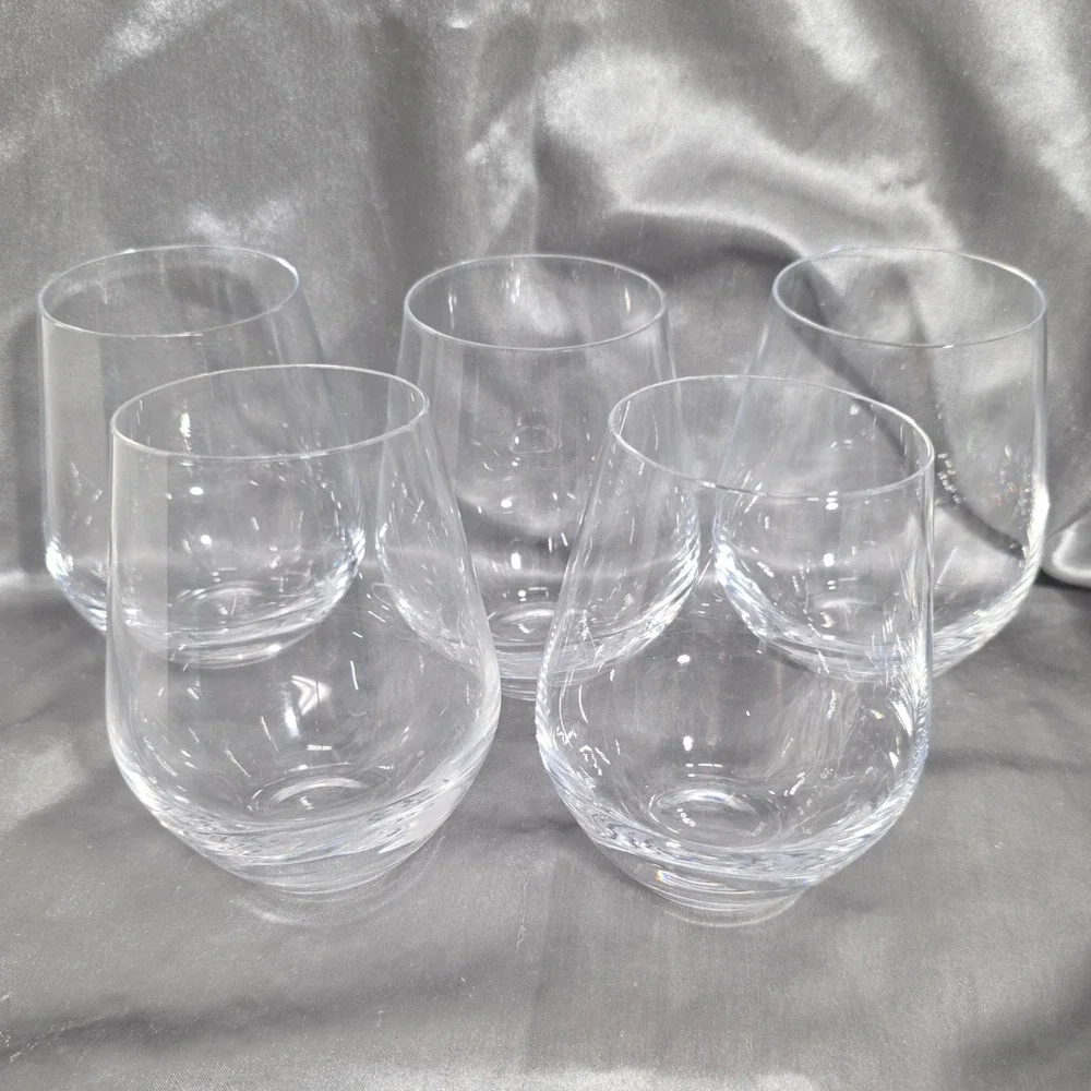 Lenox Stemless Wine Glasses Set of 5 Clear Glass Barware Crystal Etched Logo